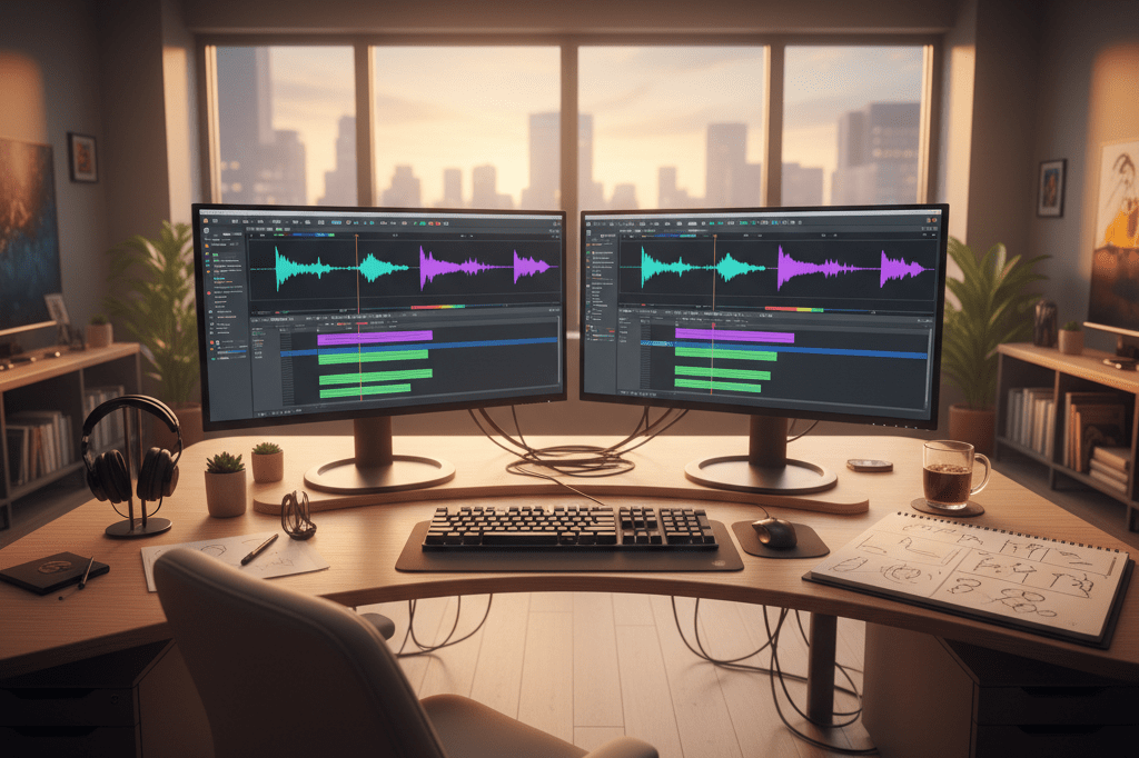 Wide shot of an animation studio desk with monitors, storyboard sketches, and coffee under natural light