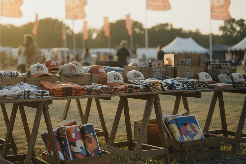 Wide shot of a festival merch booth with abstract-themed apparel under warm sunset lighting, evoking milestone marketing strategies
