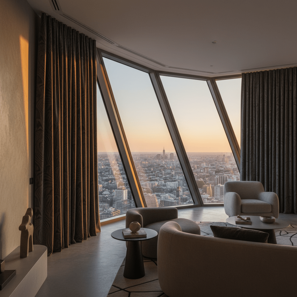 Automatic curtains on curved tracks frame a geometric window with city views.