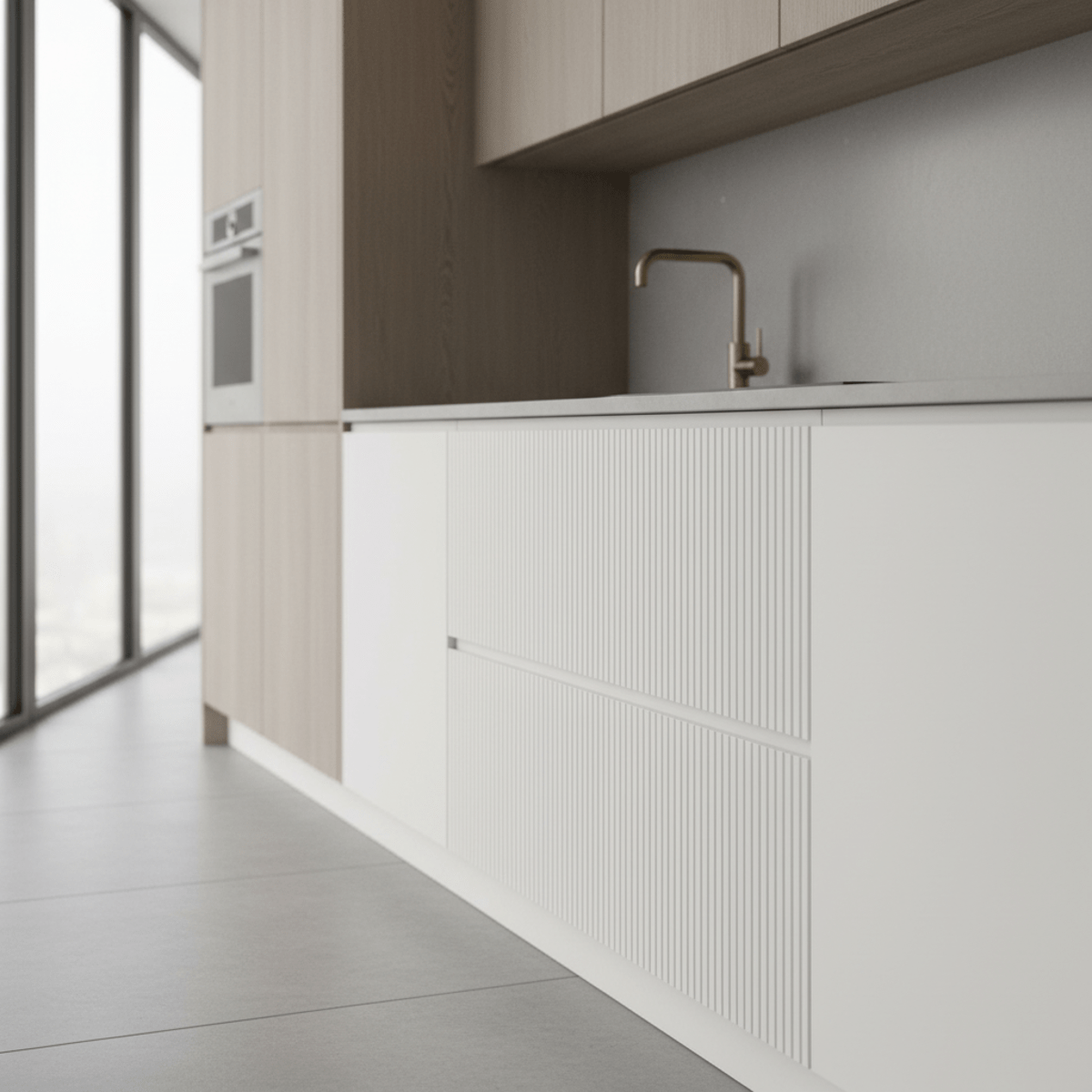 Modern kitchen drawers with reeded fronts and a smooth matte finish.