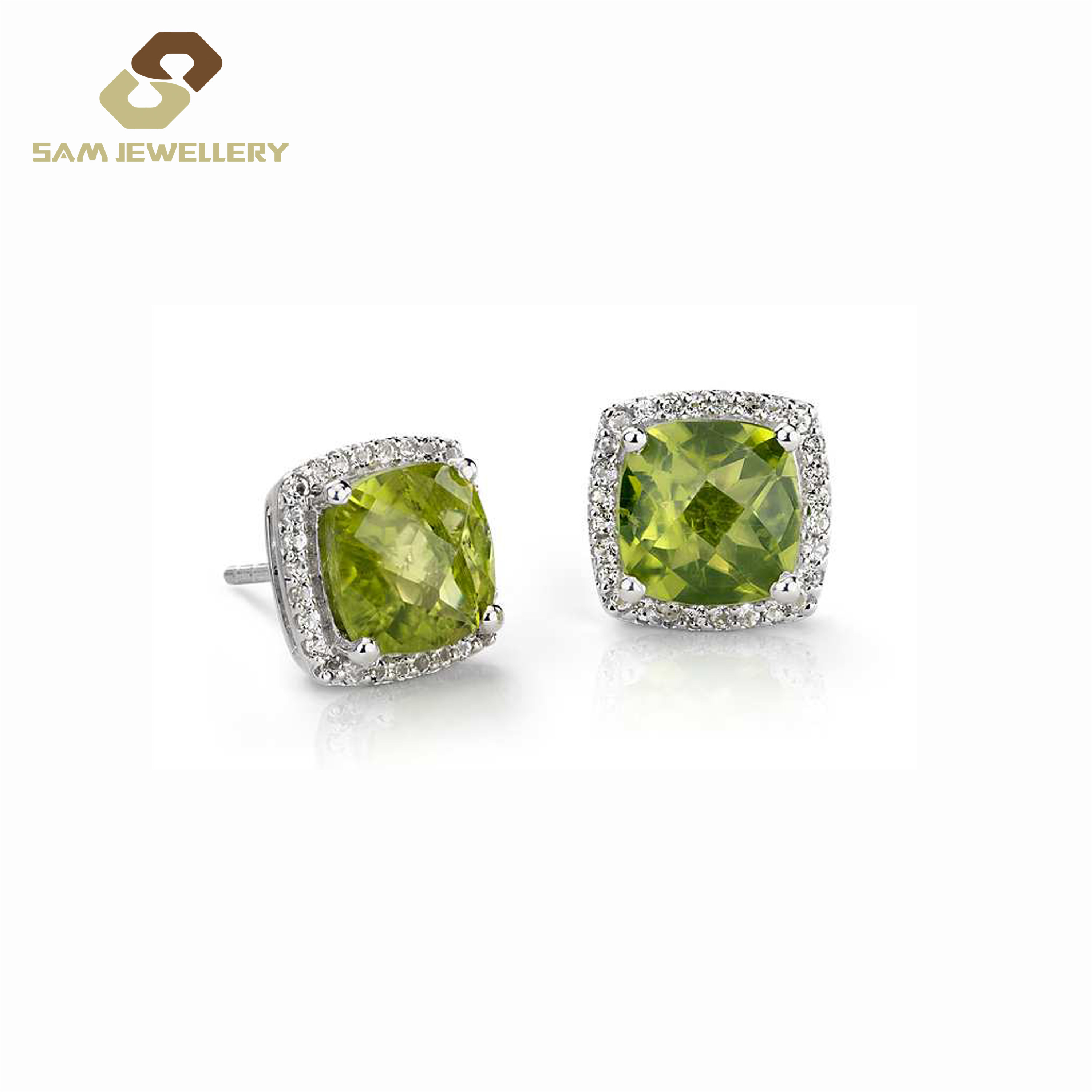 Silver Tone Brass 1.1Ct Peridot 5MM Stud Earrings