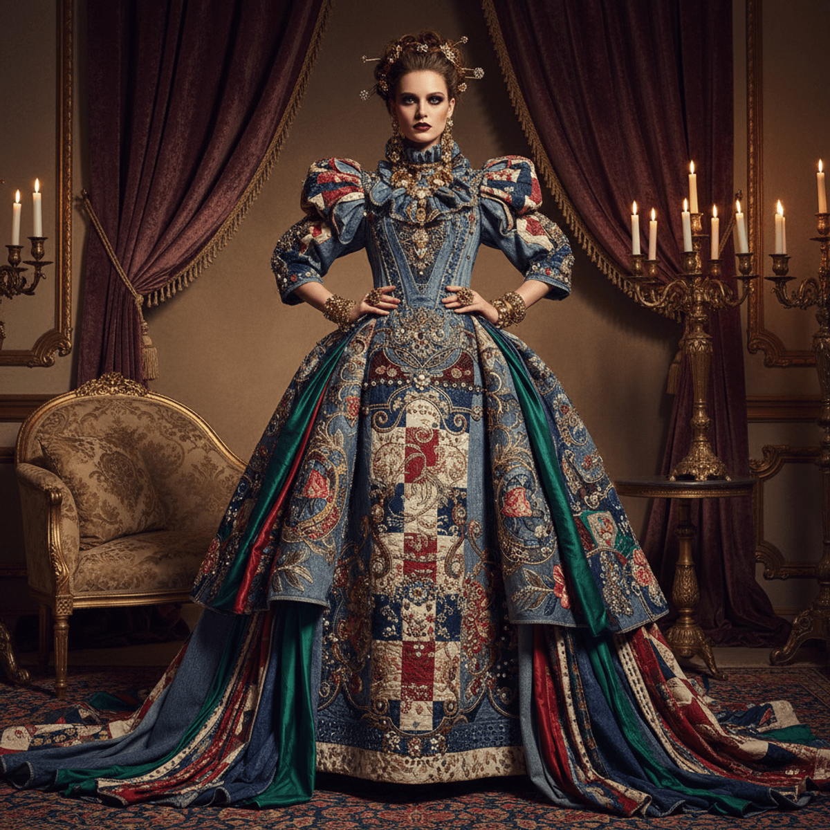 Maximalist couture gown crafted from denim, quilts, and silk scarves with intricate embellishments.