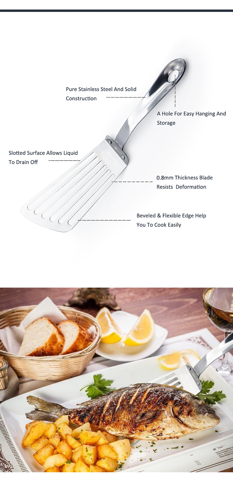YF Durable stainless steel fish spatula for fish frying meat steak slotted spatula/turner