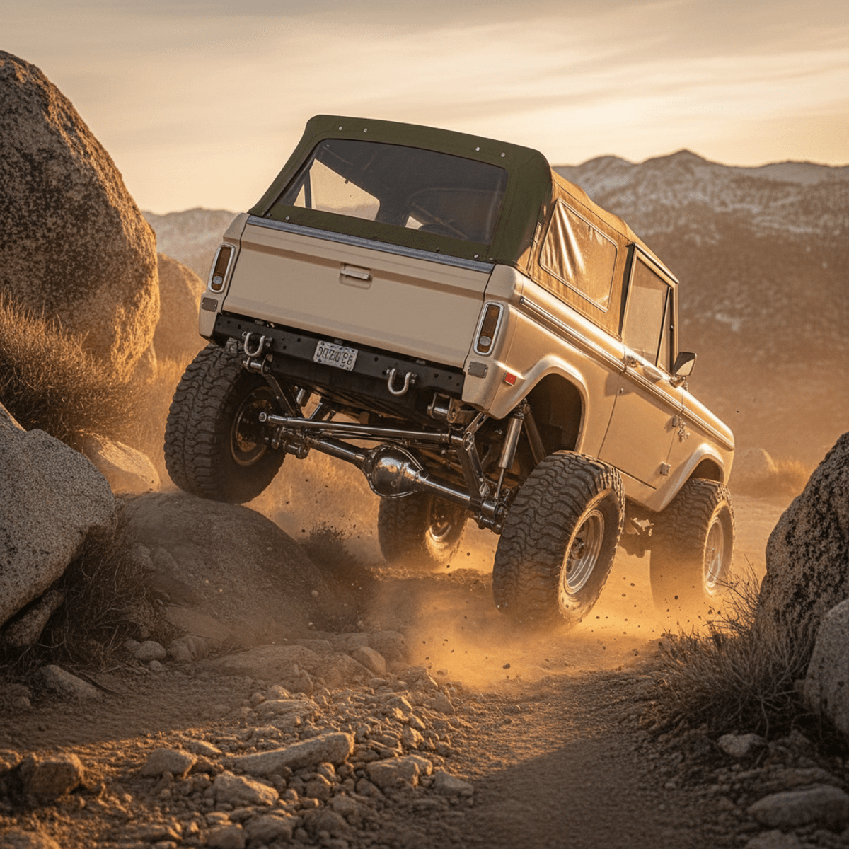 Restored vintage 4x4 suspension articulating over rugged rocky terrain at golden hour.