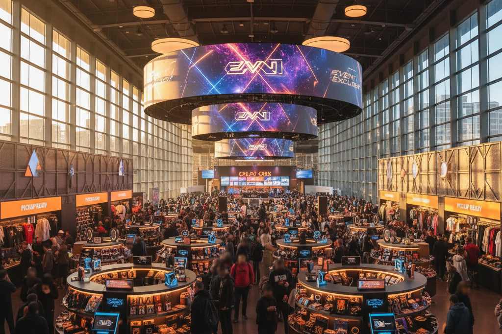Wide-angle view of interactive merchandise kiosks under natural and ambient lighting in a lively arena setting
