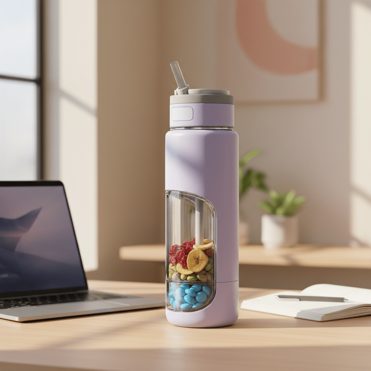 Clear water bottle with snacks on desk beside laptop and notebook.