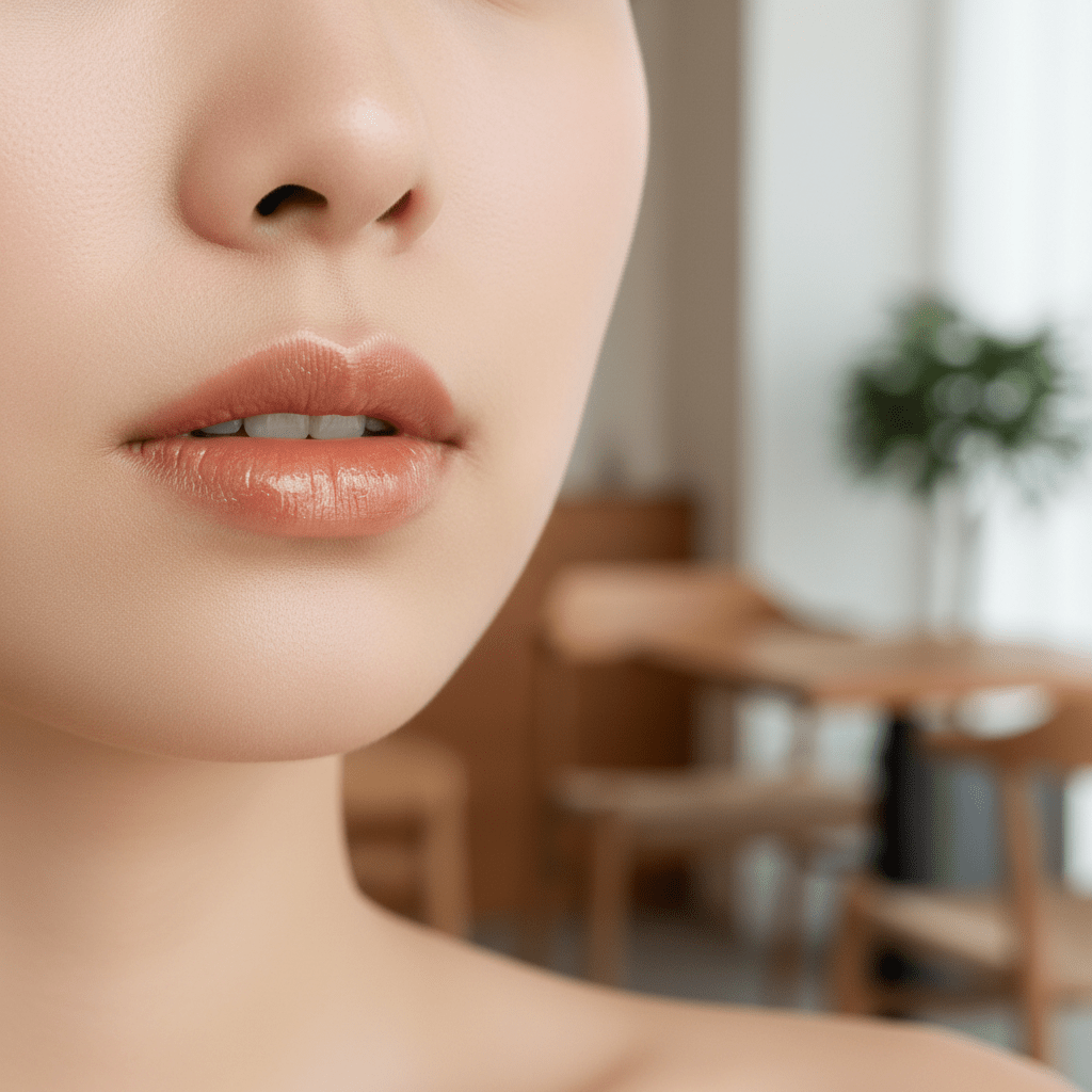 Close-up of lips with sheer warm oolong lip gloss, soft translucent color, and natural skin.