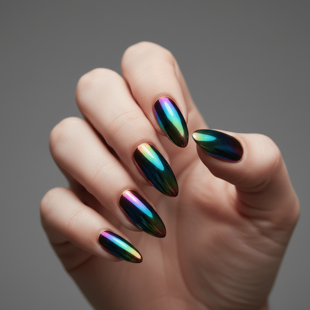 Trendy almond nails with prismatic oil slick chrome effect and rainbow gradients.