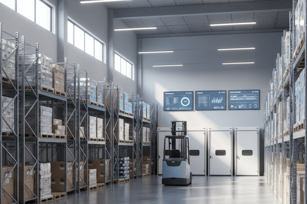 Interior view of efficient warehouse with organized racks, forklift, and digital monitors under natural and ambient lighting