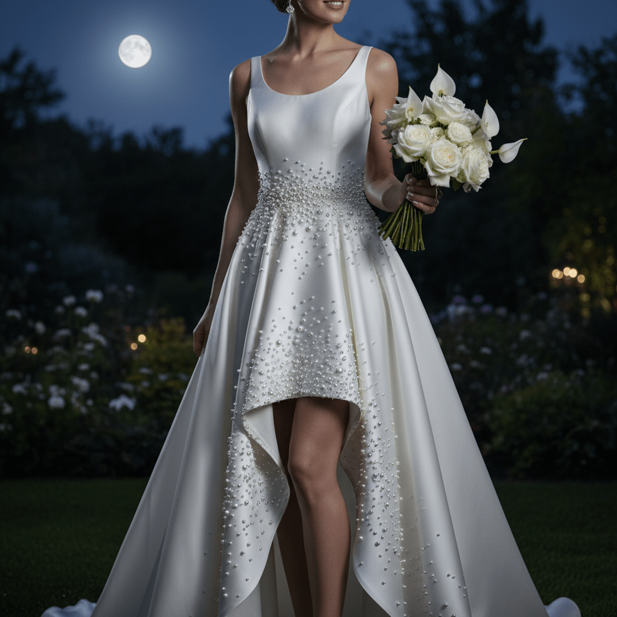 Ivory silk wedding dress with scattered pearls on an asymmetrical hemline.