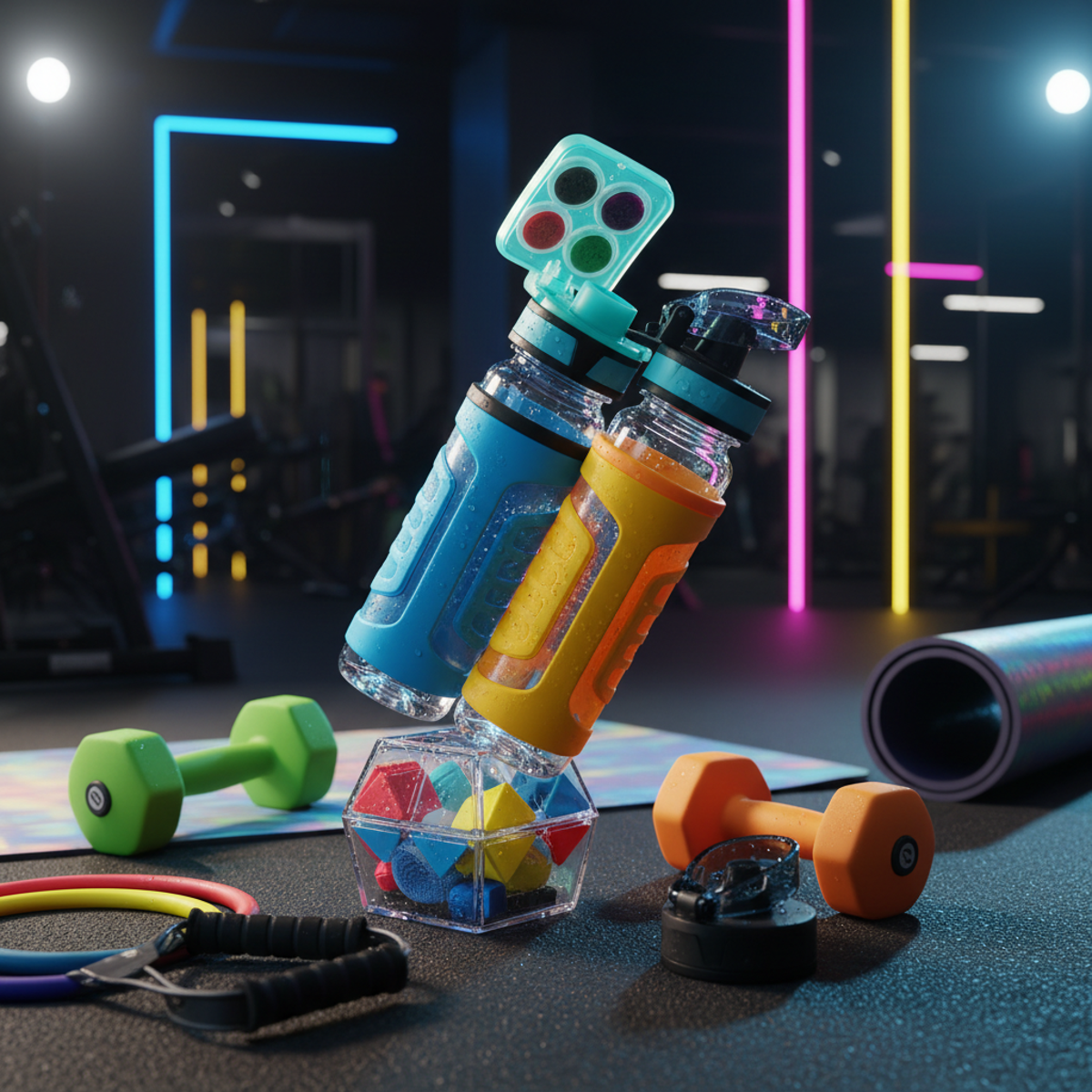 Vibrant fitness water bottle with flavor pods and accessories in a gym.