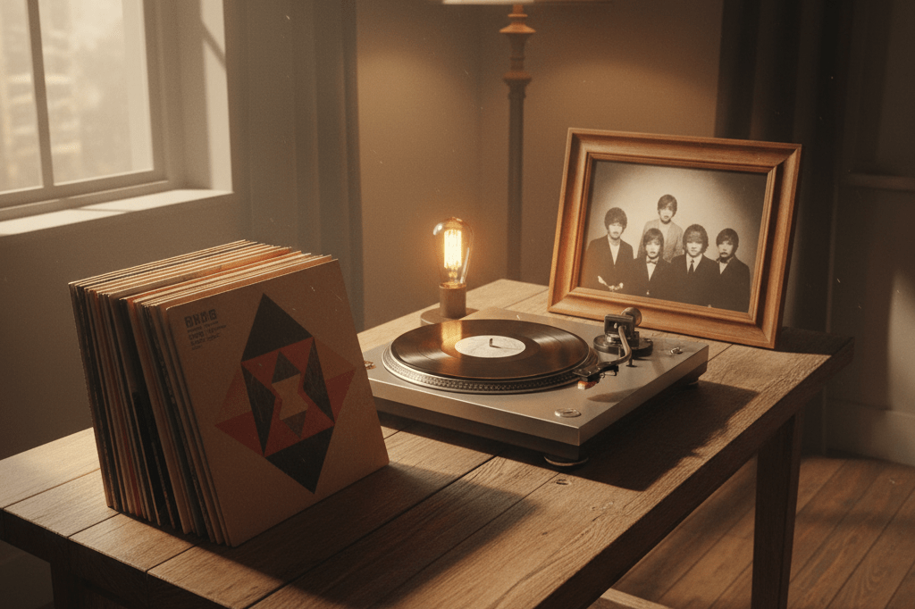 Vintage vinyl record player symbolizing timeless musical legacy Warmly lit vintage vinyl record player and stacked records under soft natural light, representing enduring brand value through decades