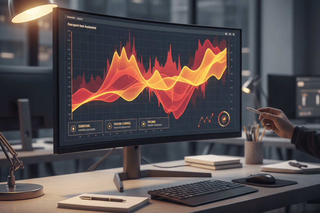 Monitor showing abstract survival engagement graphs on a dark desk under warm ambient light