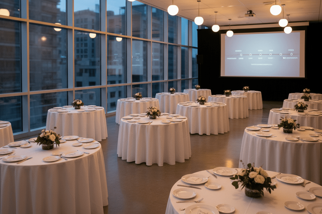 Modern farewell event space designed for emotional engagement Warmly lit event space with tables, floral centerpieces, and timeline display for meaningful corporate farewells