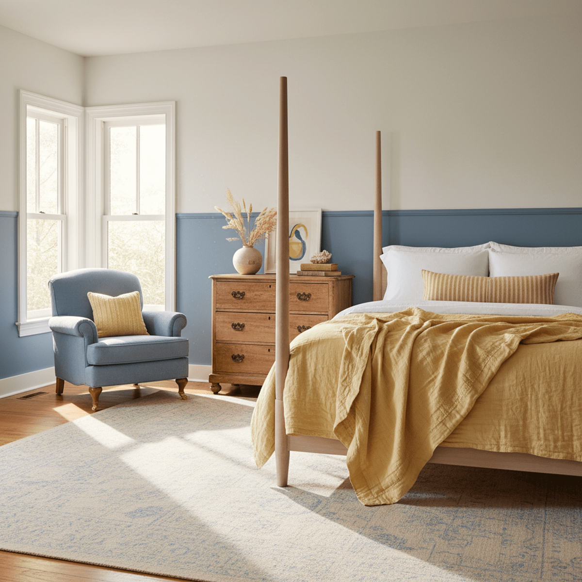 Airy sunlit bedroom with faded denim blue armchair and butter yellow quilt.