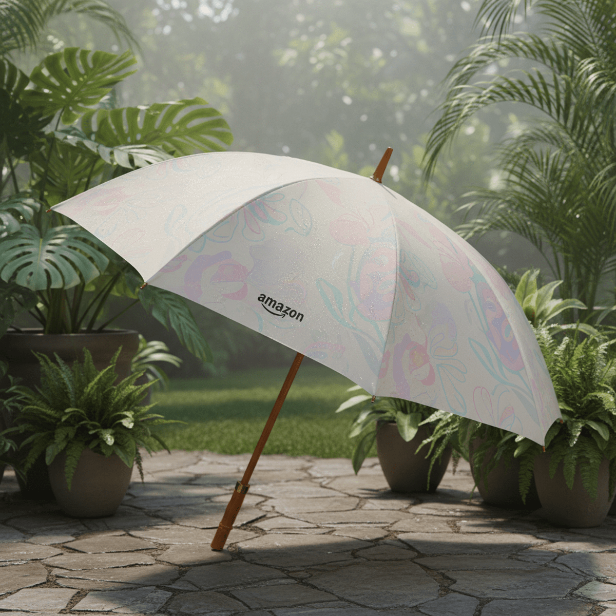Thermochromic umbrella with pastel patterns on a garden patio in soft morning light.