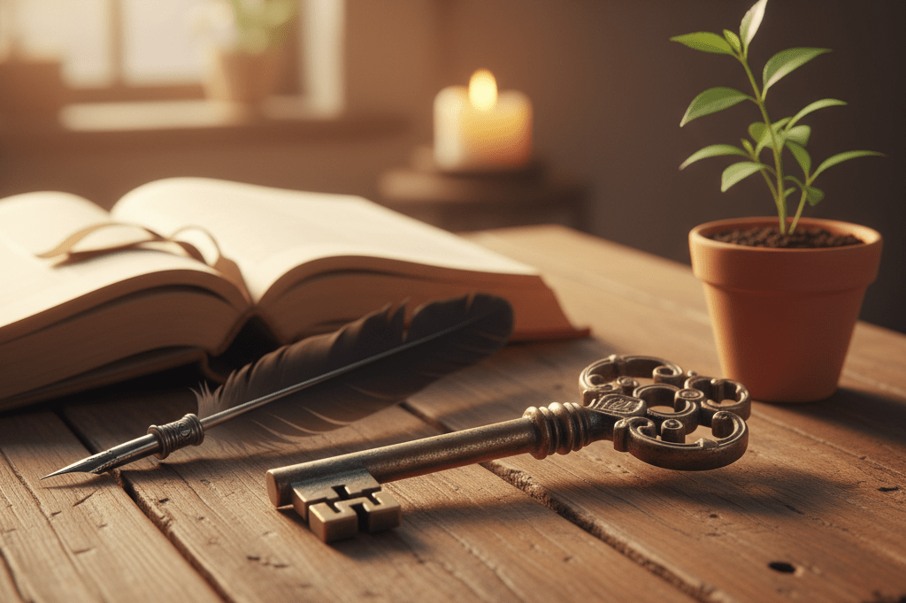 Close-up photo of an antique key on a wooden table with book, quill, and plant under natural light, representing product repositioning