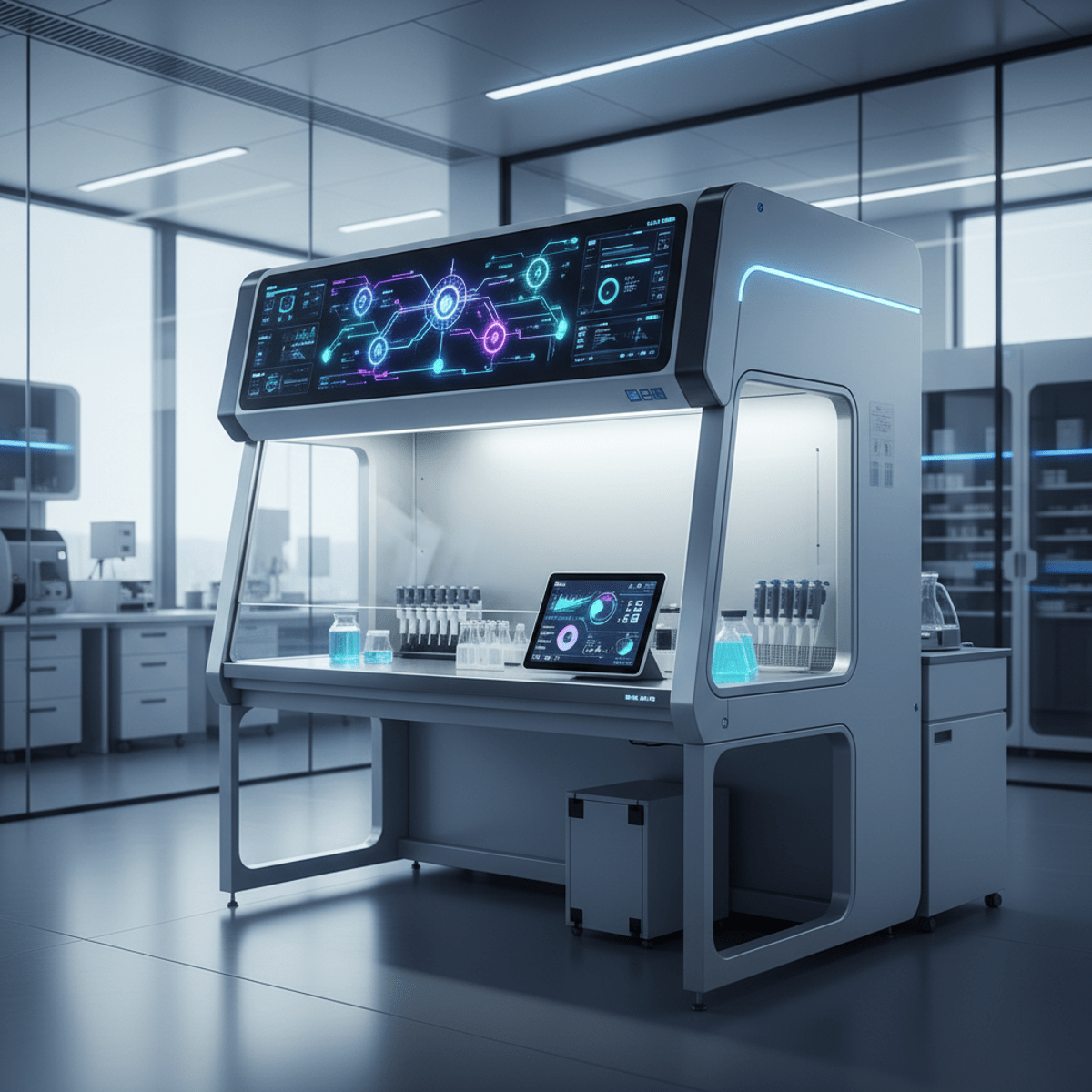 Laminar flow hood in a futuristic lab with glowing IoT interface and real-time data charts.