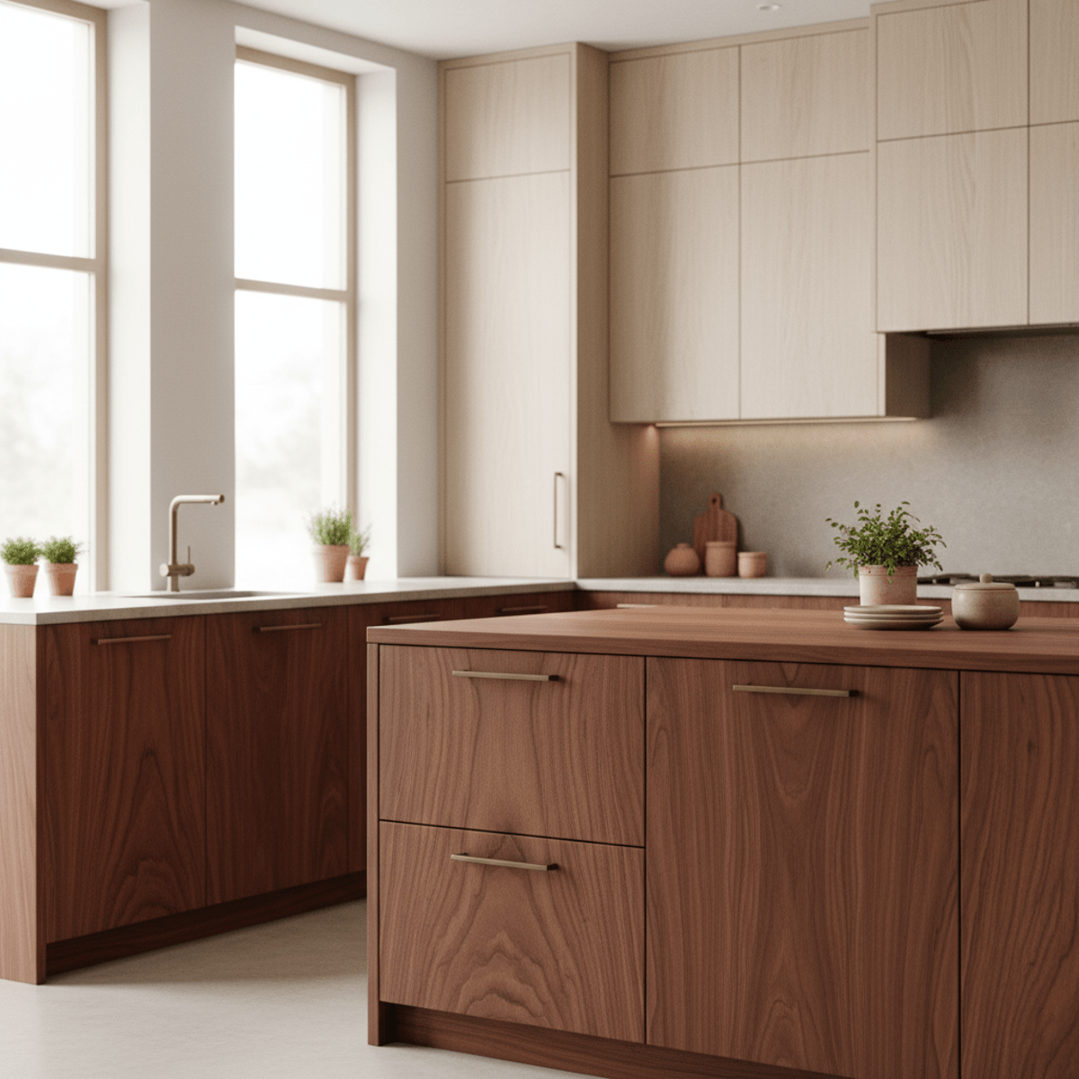 Modern kitchen with walnut, oak cabinets, cherry island, and stone countertops.