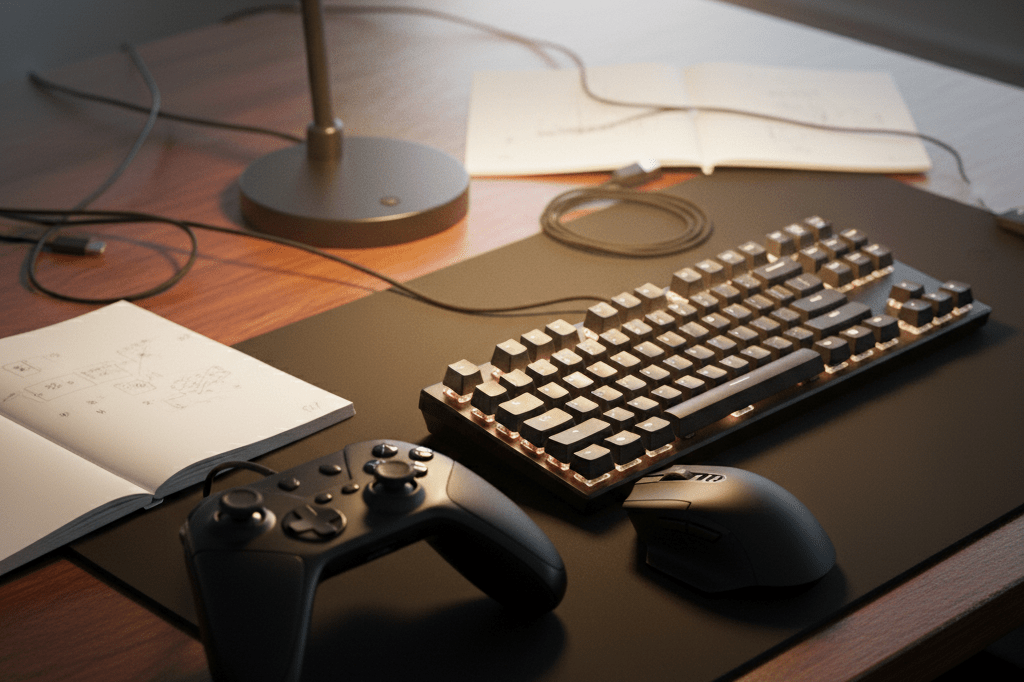 Detailed view of high-precision gaming peripherals arranged neatly under warm ambient lighting, symbolizing retailer adaptability after game balance updates