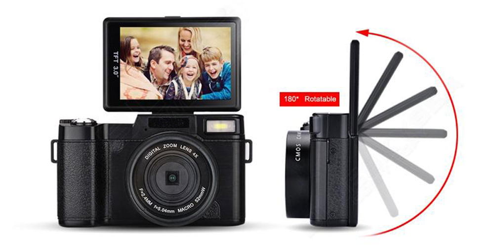 3.0" TFT Rotatable Screen 24MP HD Digital Camera Camcorder 1080P DSLR Digital Camera Video with 4x Zoom Cam