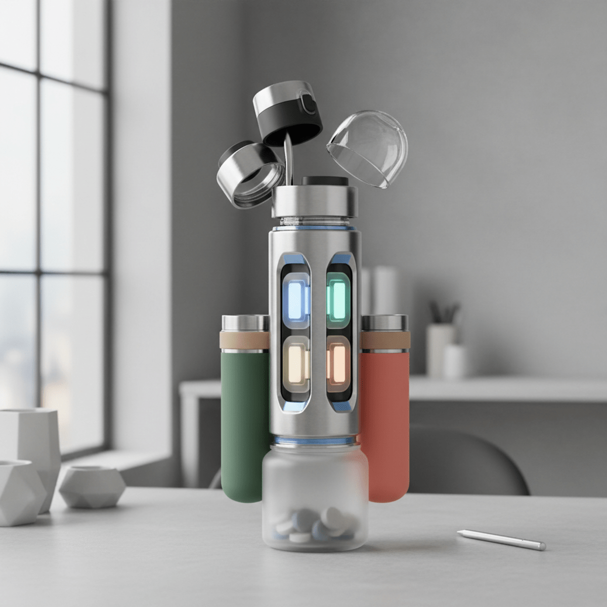 Sleek modular water bottle with storage on a minimalist office desk.