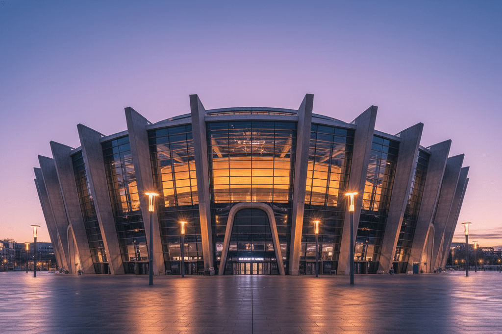 Modern UK arena architecture illuminated softly by dusk lighting, symbolizing strategic geographic market segmentation