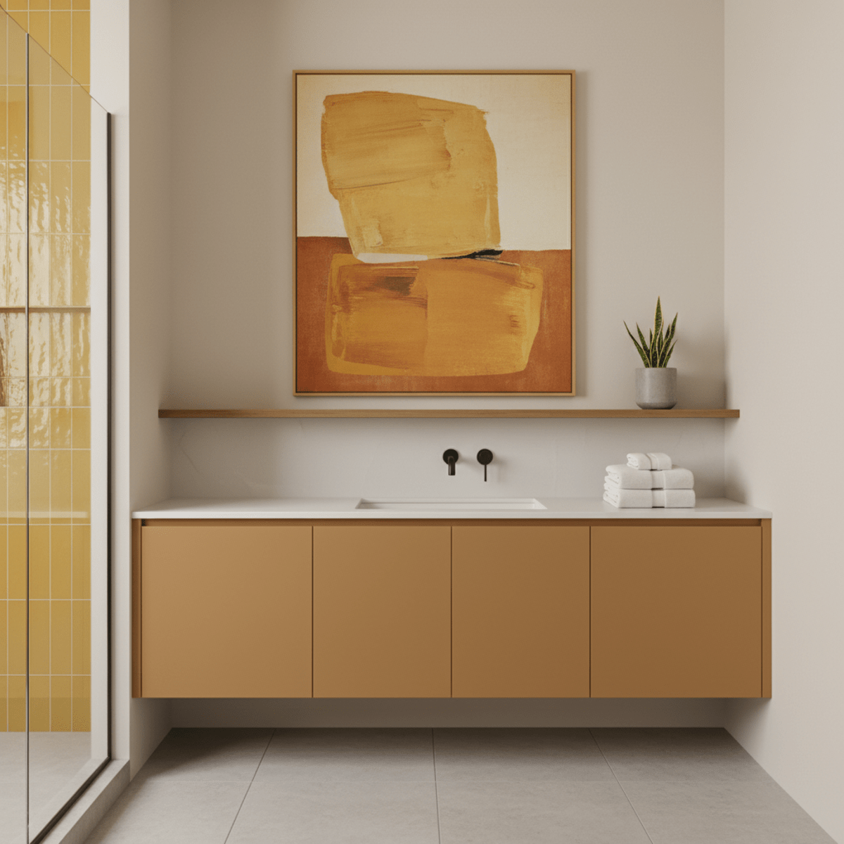 Serene modern bathroom with ochre vanity, abstract art, and matte black fixtures.