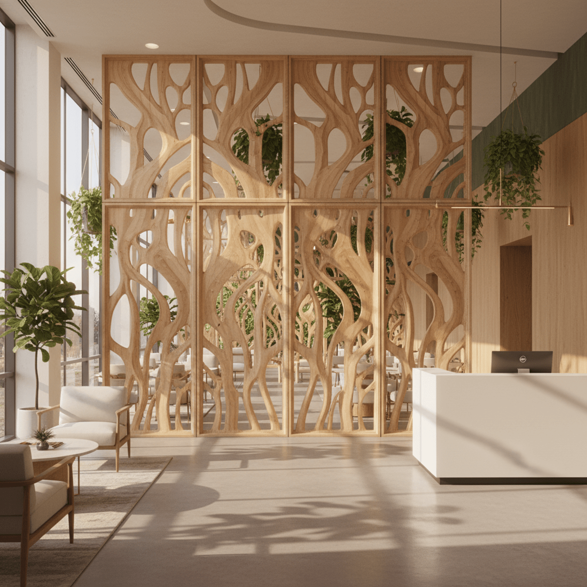 Modern healthcare lobby features a biophilic wood divider with coral-inspired lattice patterns.