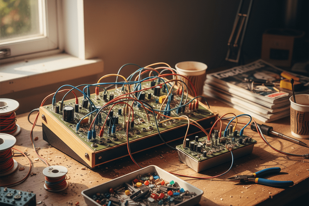 Custom-built modular synthesizer on a creative DIY workbench Close-up of a handmade modular synthesizer with exposed wires and tools on a wooden desk