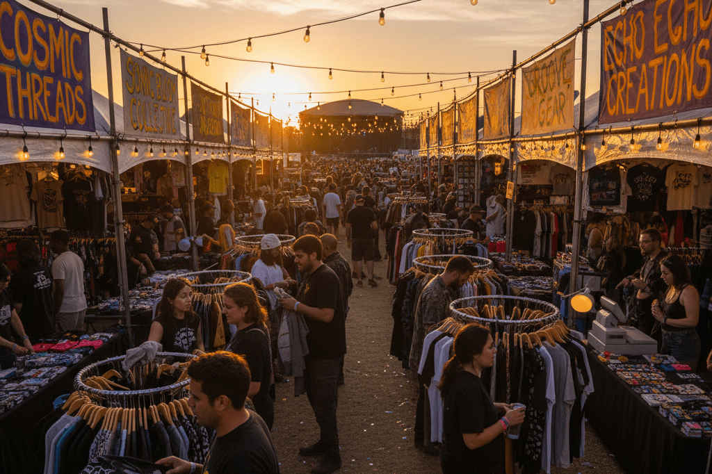 Vibrant festival merchandise area during golden hour Wide-angle view of festivalgoers shopping at merchandise booths under warm ambient lighting, highlighting diverse product displays