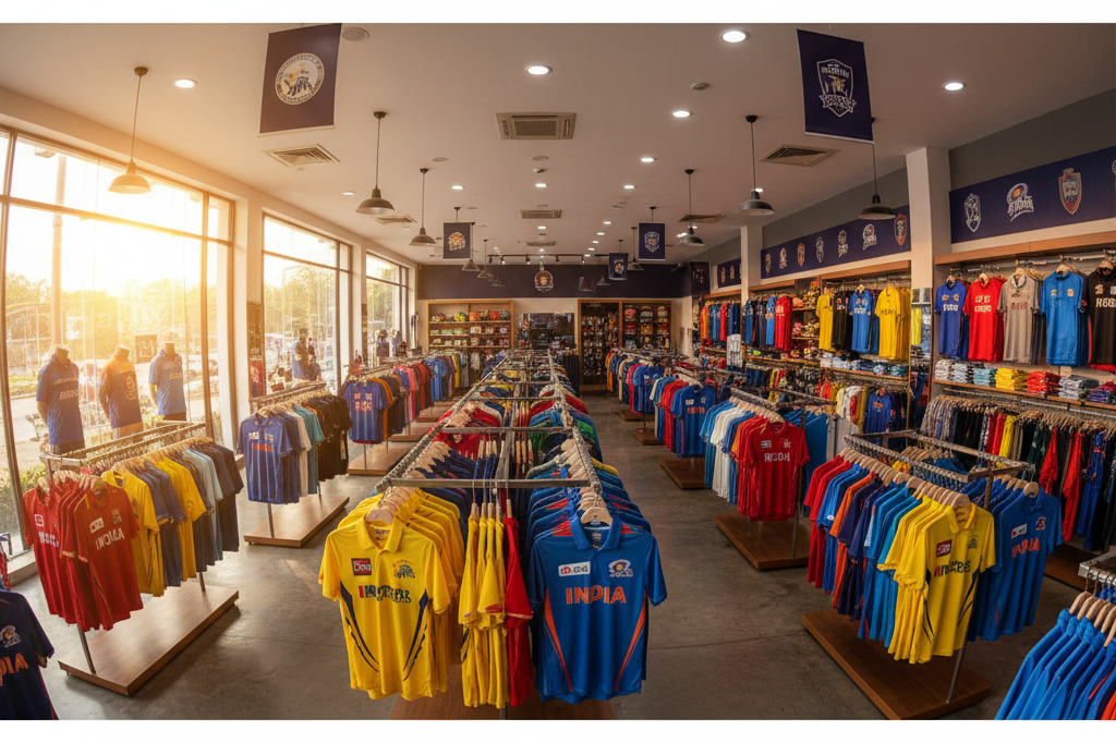 Vibrant cricket jerseys and gear neatly arranged in a sunlit sports merchandise store, highlighting regional market variety