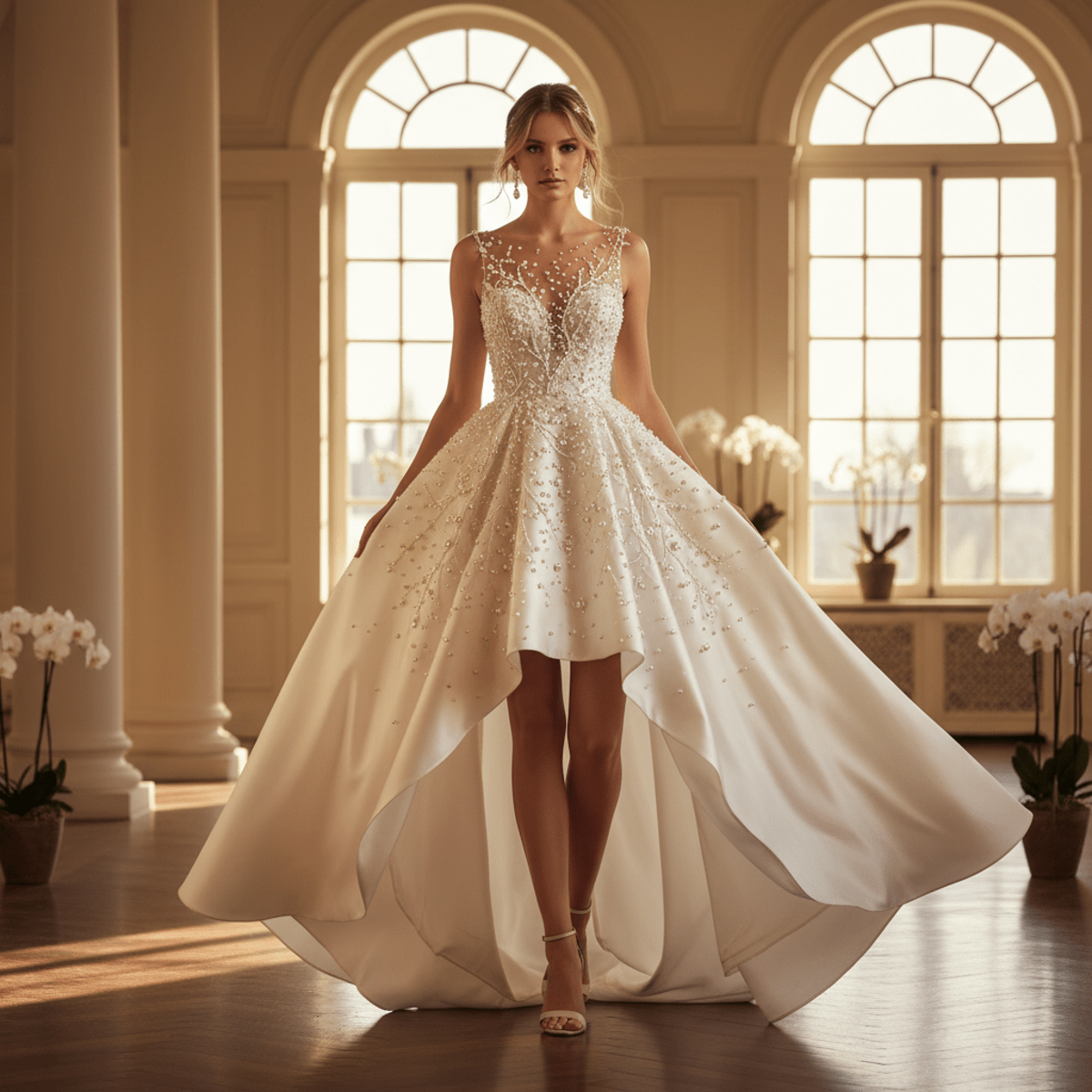 Elegant wedding dress with pearl constellation, bride in mid-step on polished floor.