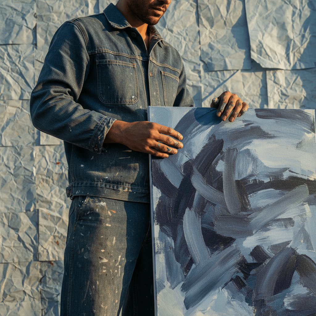 Painter in denim holds abstract canvas against recycled paper, golden hour light.