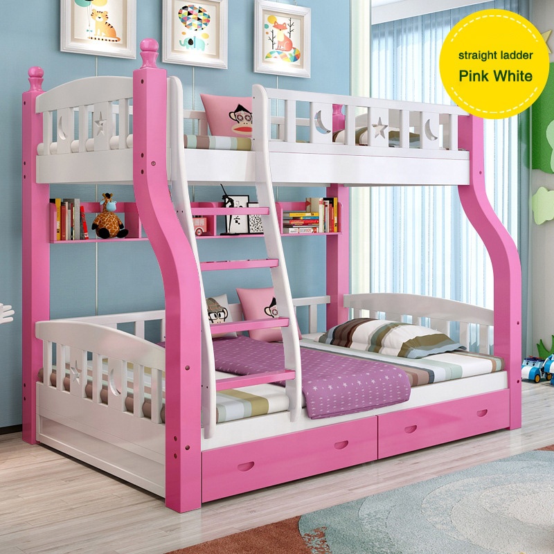 pink and white bunk beds
