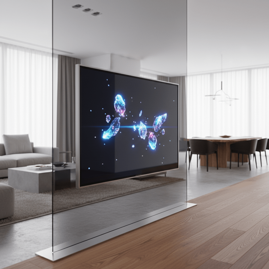 Transparent OLED TV as a room divider showcasing holographic imagery in a modern open-plan space.