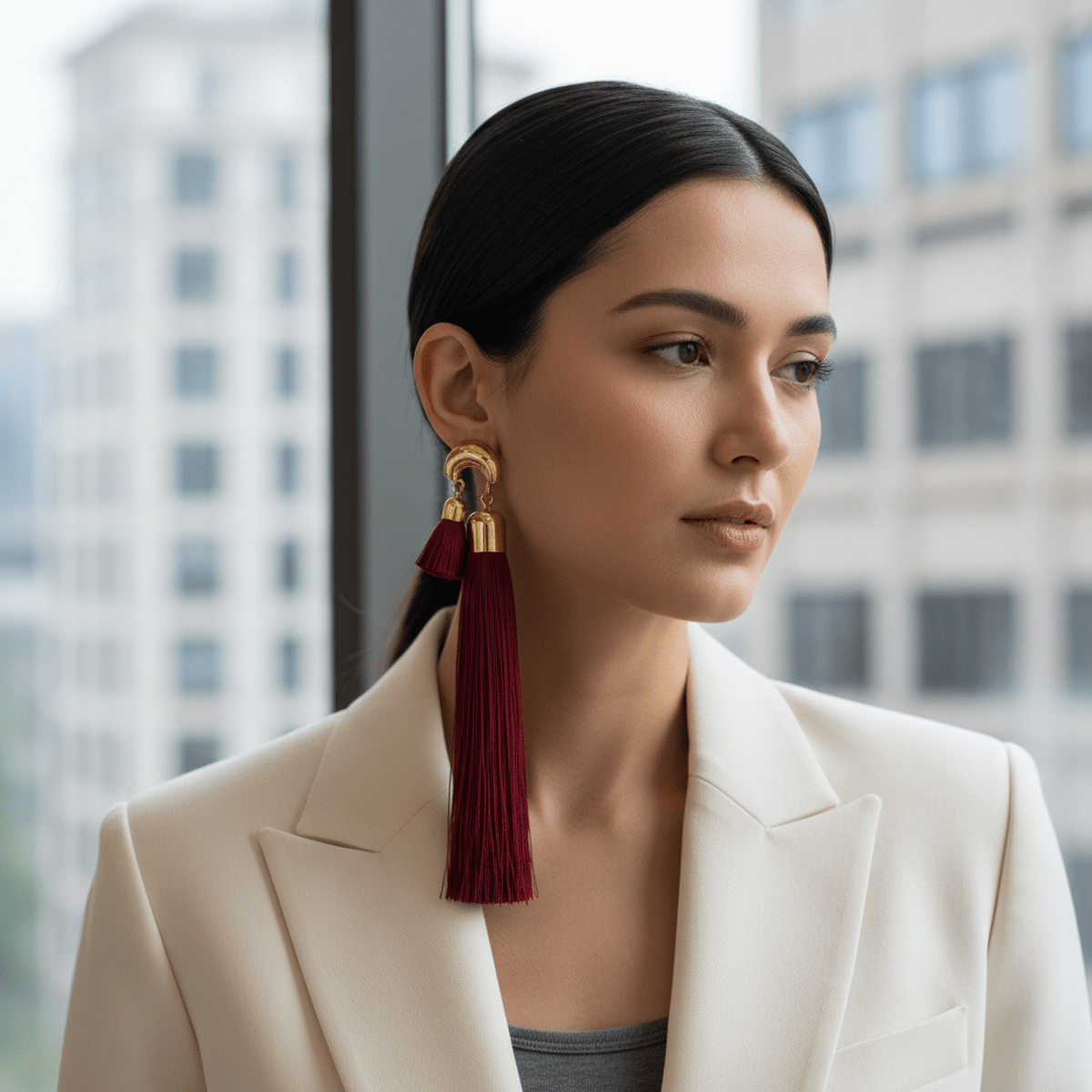 Woman in 2026 wears dramatic asymmetrical silk tassel earrings against urban backdrop.