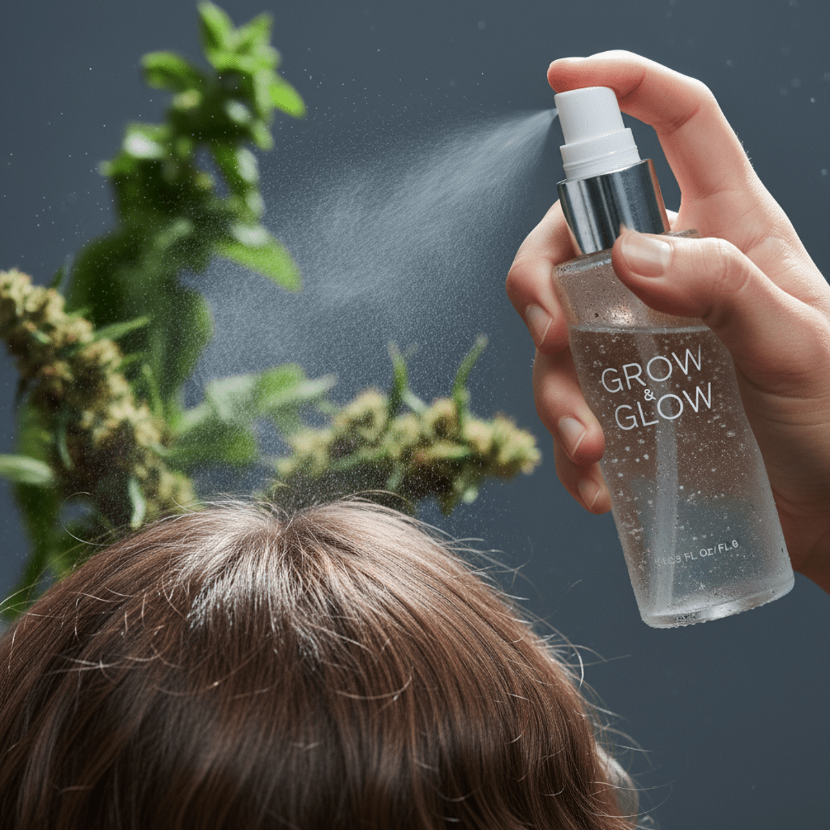 Hand spraying hair growth oil mist onto scalp with botanical elements.