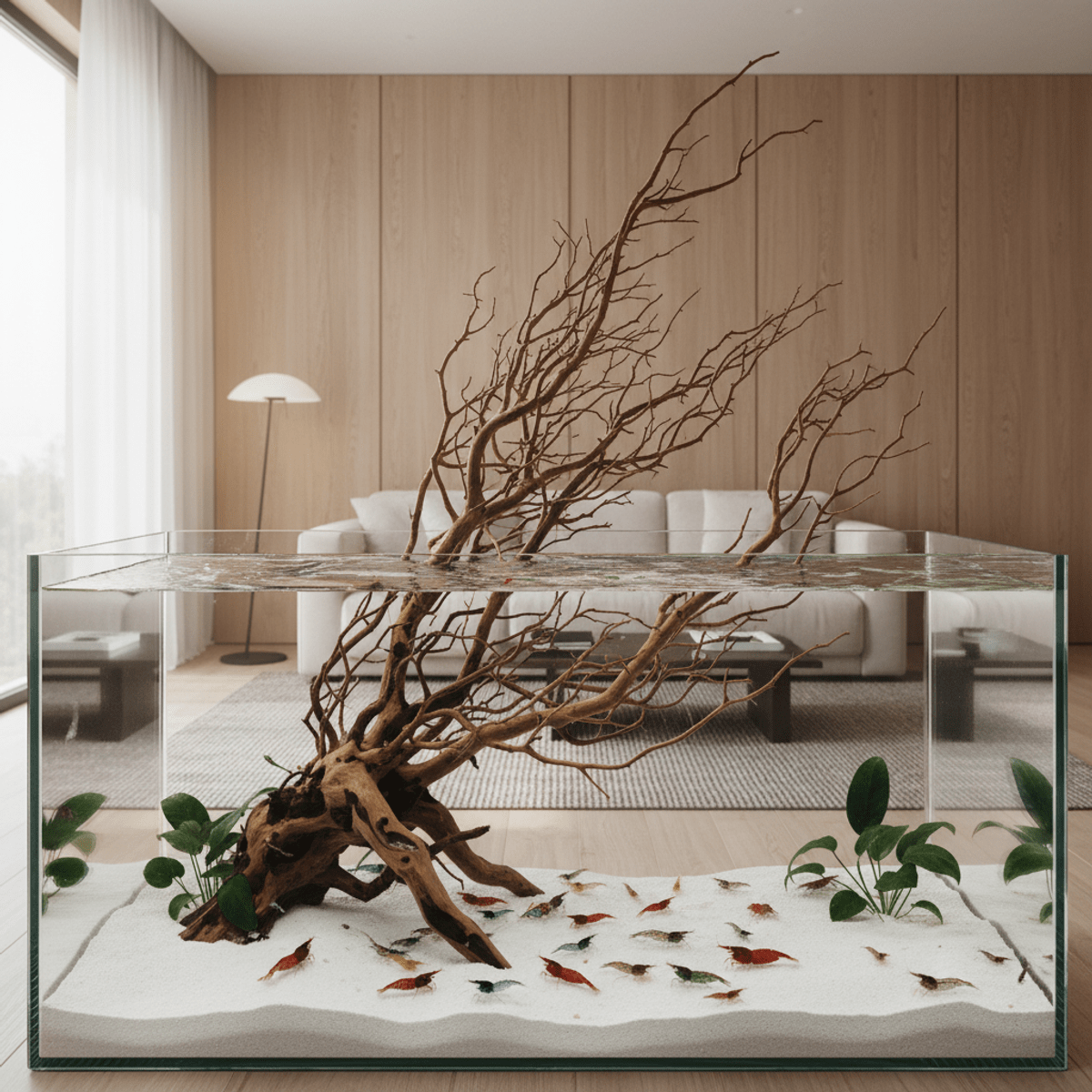 Elegant aquarium with driftwood, plants, and shrimp in a serene living room.