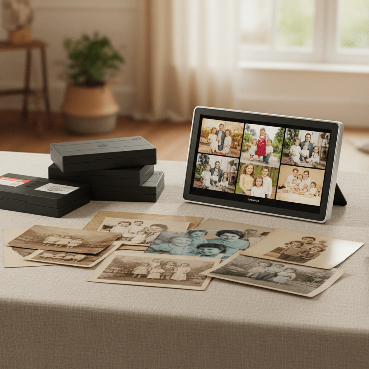 Vintage family photos and video tapes beside a digital frame on linen.