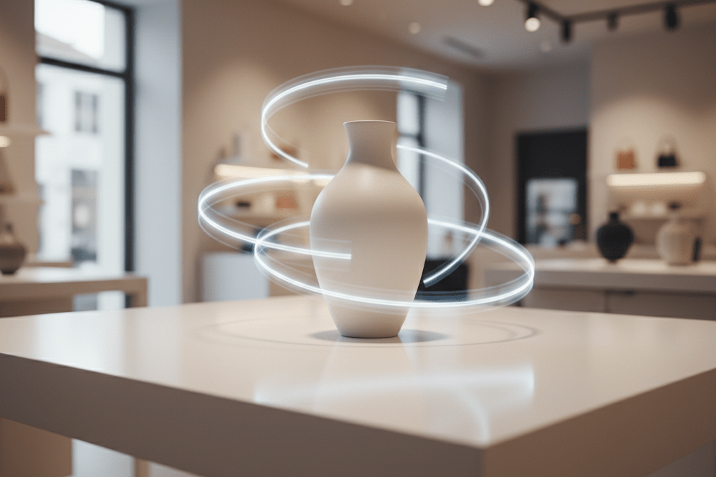 Medium shot of a white ceramic vase on a retail table with subtle motion blur suggesting AI-driven dynamic rotation and realistic product visualization