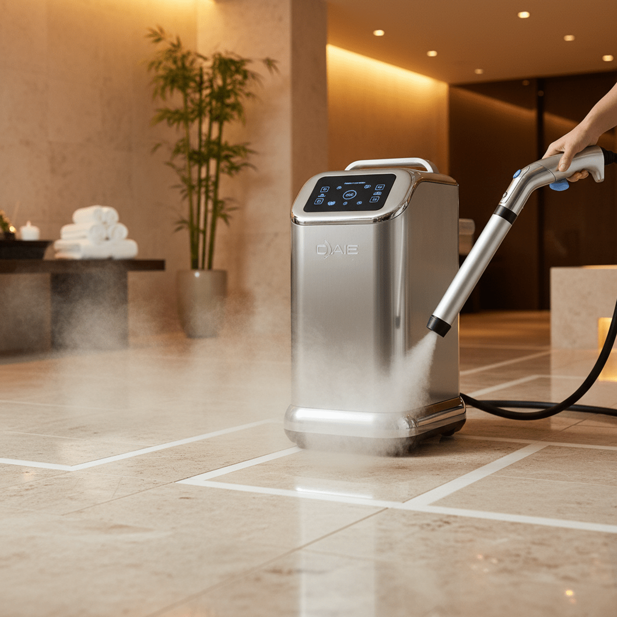 Luxury spa tile and grout cleaning with advanced dry steam machine. Advanced dry steam cleaner deep cleans marble tiles and grout in a luxury spa.
