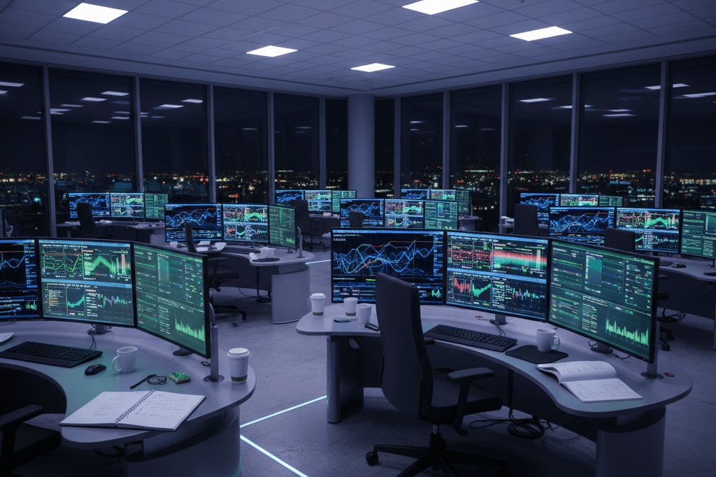 Wide shot of a production control room with glowing monitors under ambient light, showcasing advanced scheduling systems