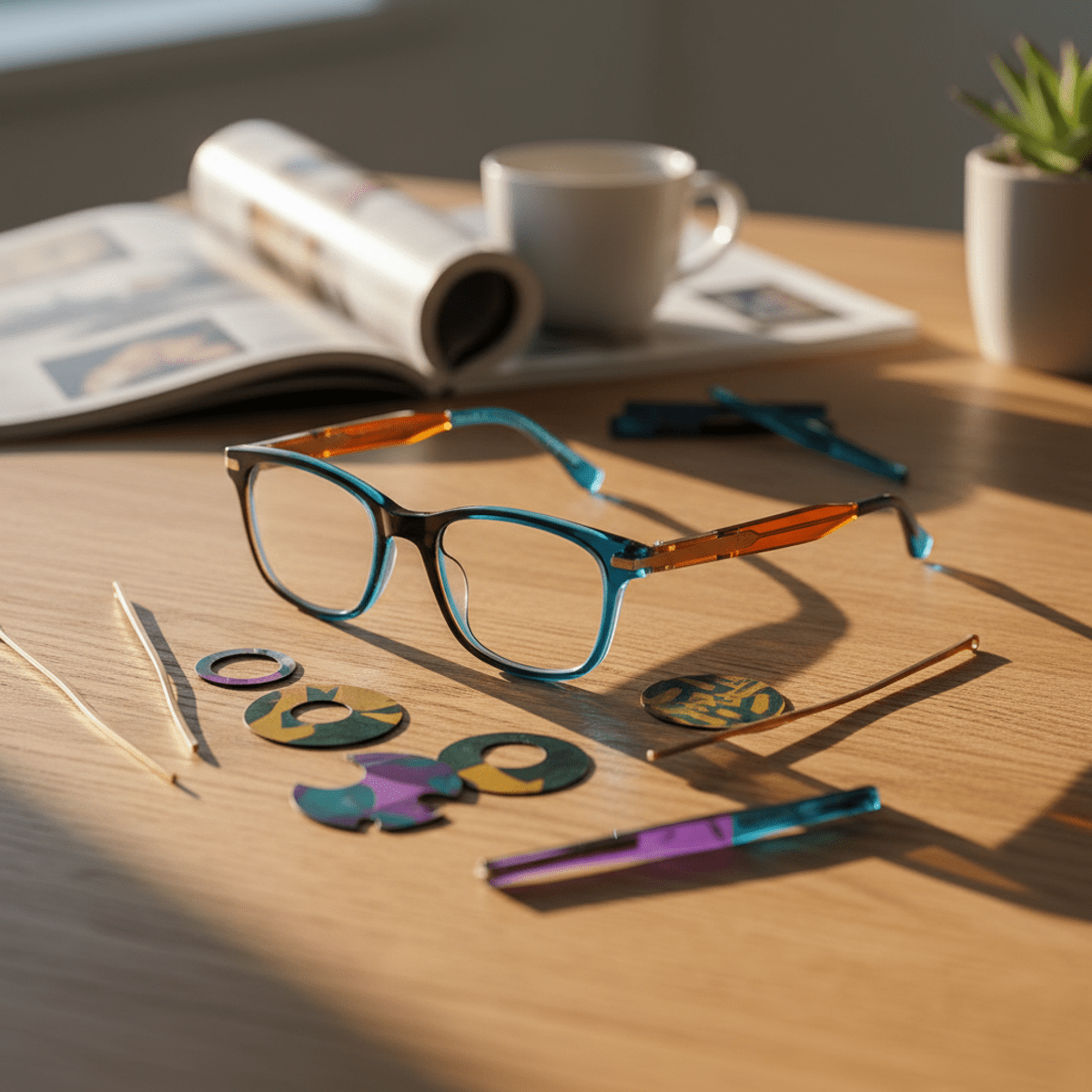 Trendy modular glasses with colorful acetate temples on an oak table.