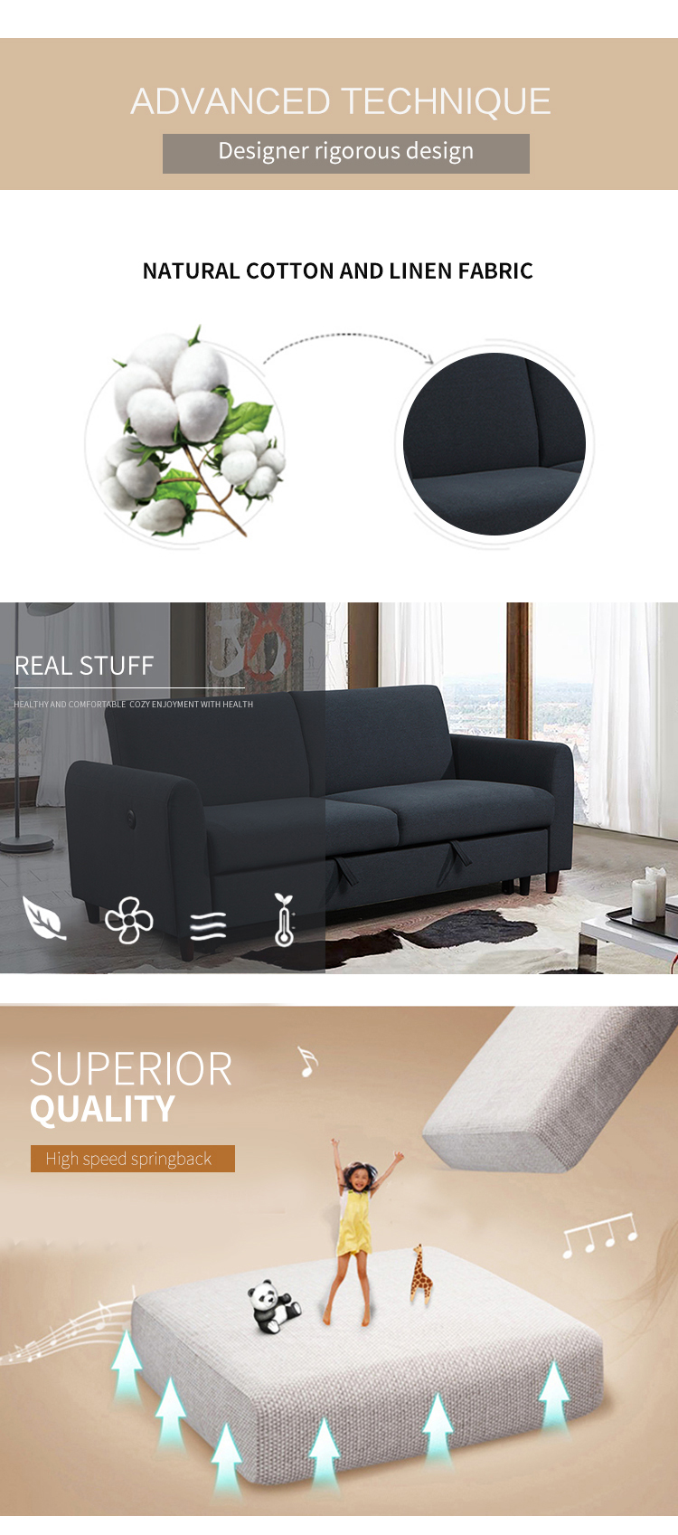 Comfortable Folding Living Room Sofa Bed Room Furniture Modern Solid Wooden Frame Livingroom Home Furniture American Style