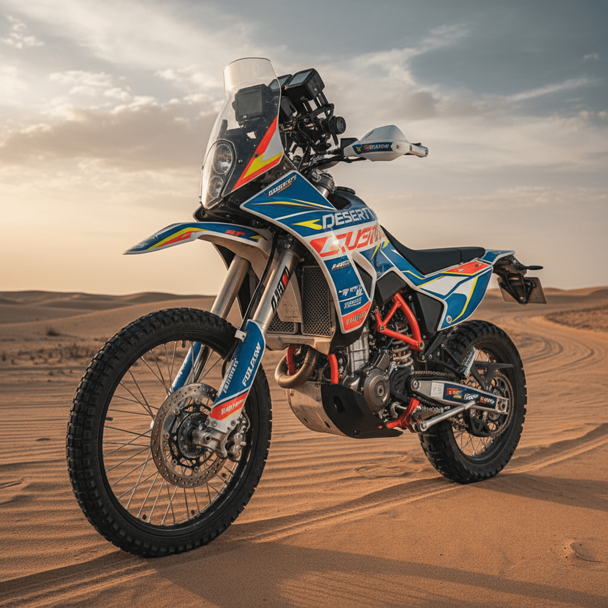 Endurance racing motorcycle ready for desert adventure. Vivid 250cc endurance racing motorcycle parked on a dusty desert track.