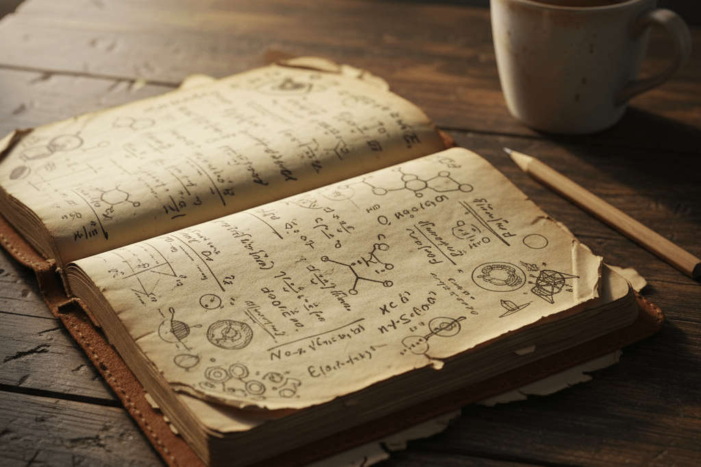Detailed view of a worn-out notebook filled with equations and sketches lit by warm ambient light, evoking intellectual curiosity and storytelling through silence