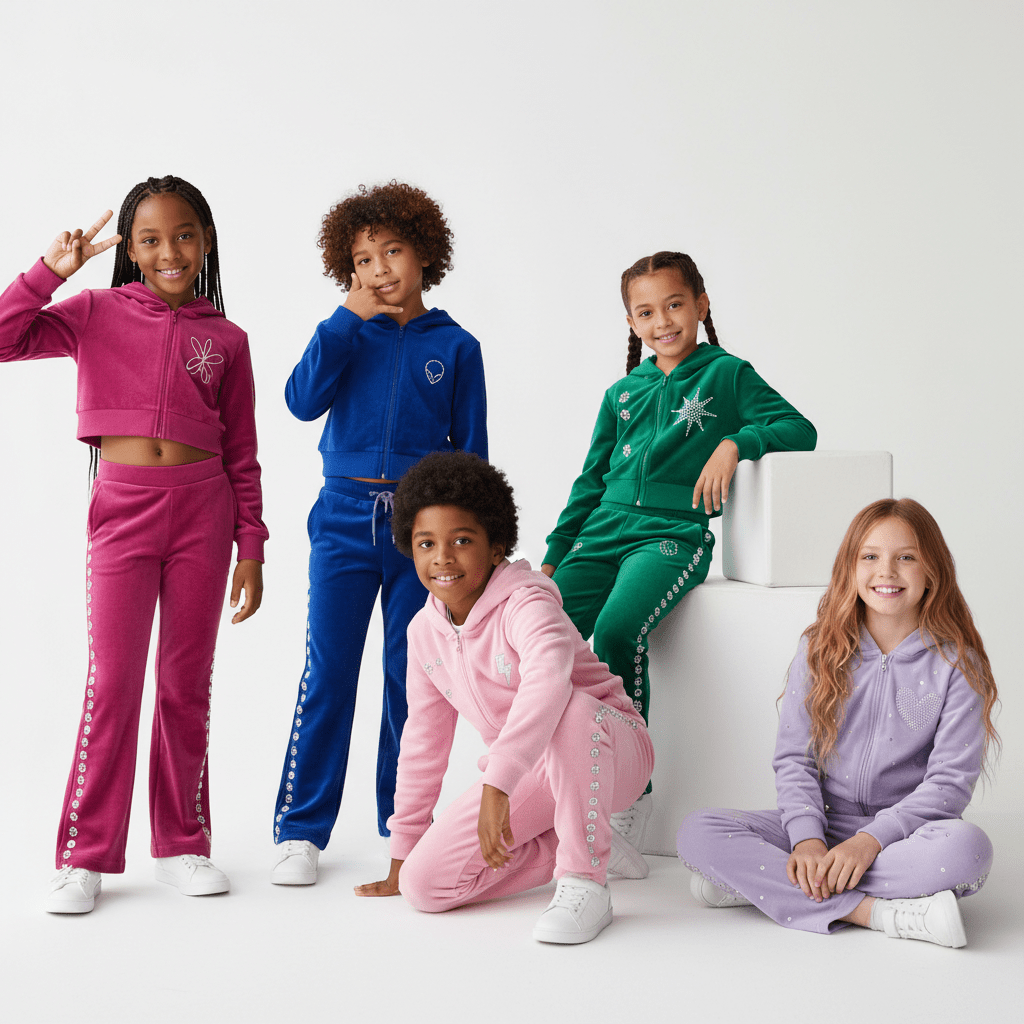 Kids in plush Y2K velour sweatsuits strike playful retro poses in jewel tones.