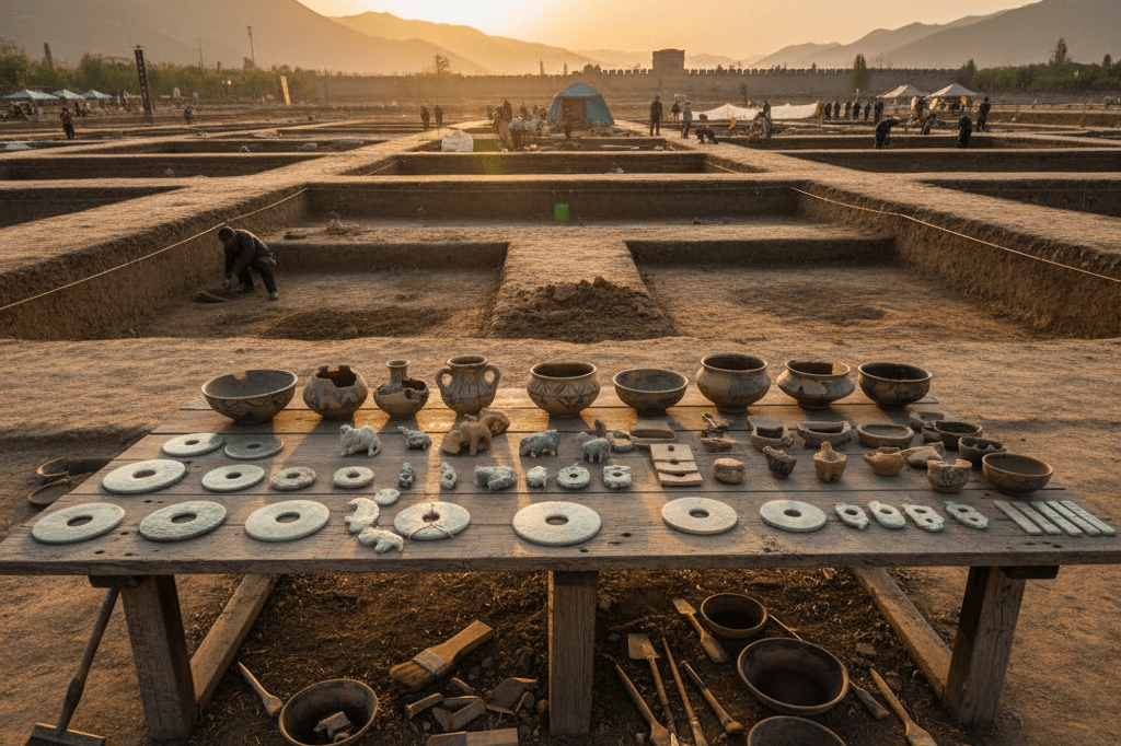 Archaeological display of jade ornaments and pottery pieces under warm natural light, symbolizing prehistoric commerce