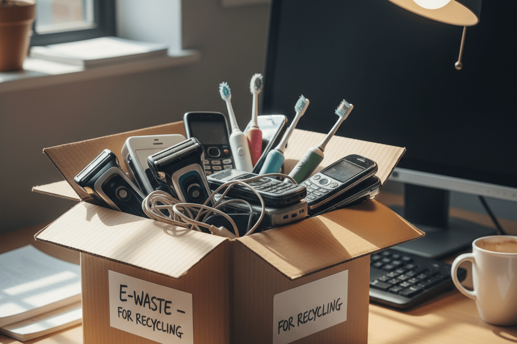 Cardboard box of discarded electronics on an office desk under natural light, symbolizing hidden battery compliance costs